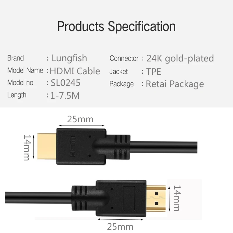 Высокоскоростной кабель Lungfish HDMI 2,0 4K 3D 1080P 1 М 1,5 м 2 м 3 м 5 м 7,5 м для HD ТВ ЖК-ноутбука PS3 проектор компьютерный кабель