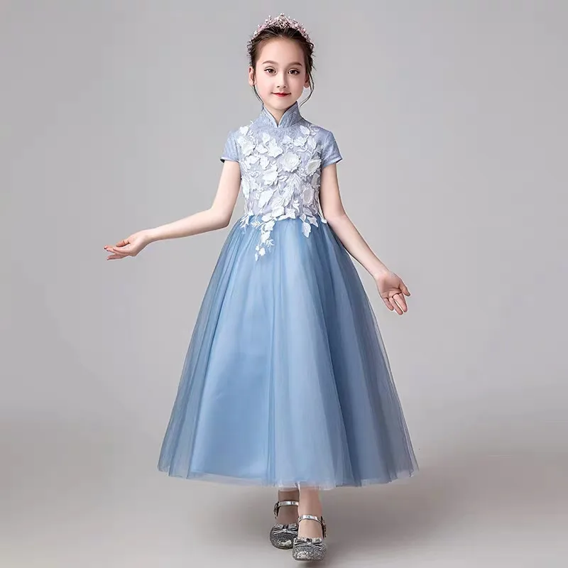 

2019Summer Luxury New Children Girls Standing-Collar Appliques Flowers Princess Long Dress Kids Host Guzheng Costume Prom Dress