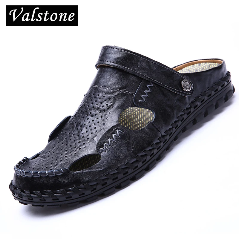 

Valstone Men's Perforated leather sandals Toe cap breathable Summer lippers full handtailor wading shoes outside beach walking
