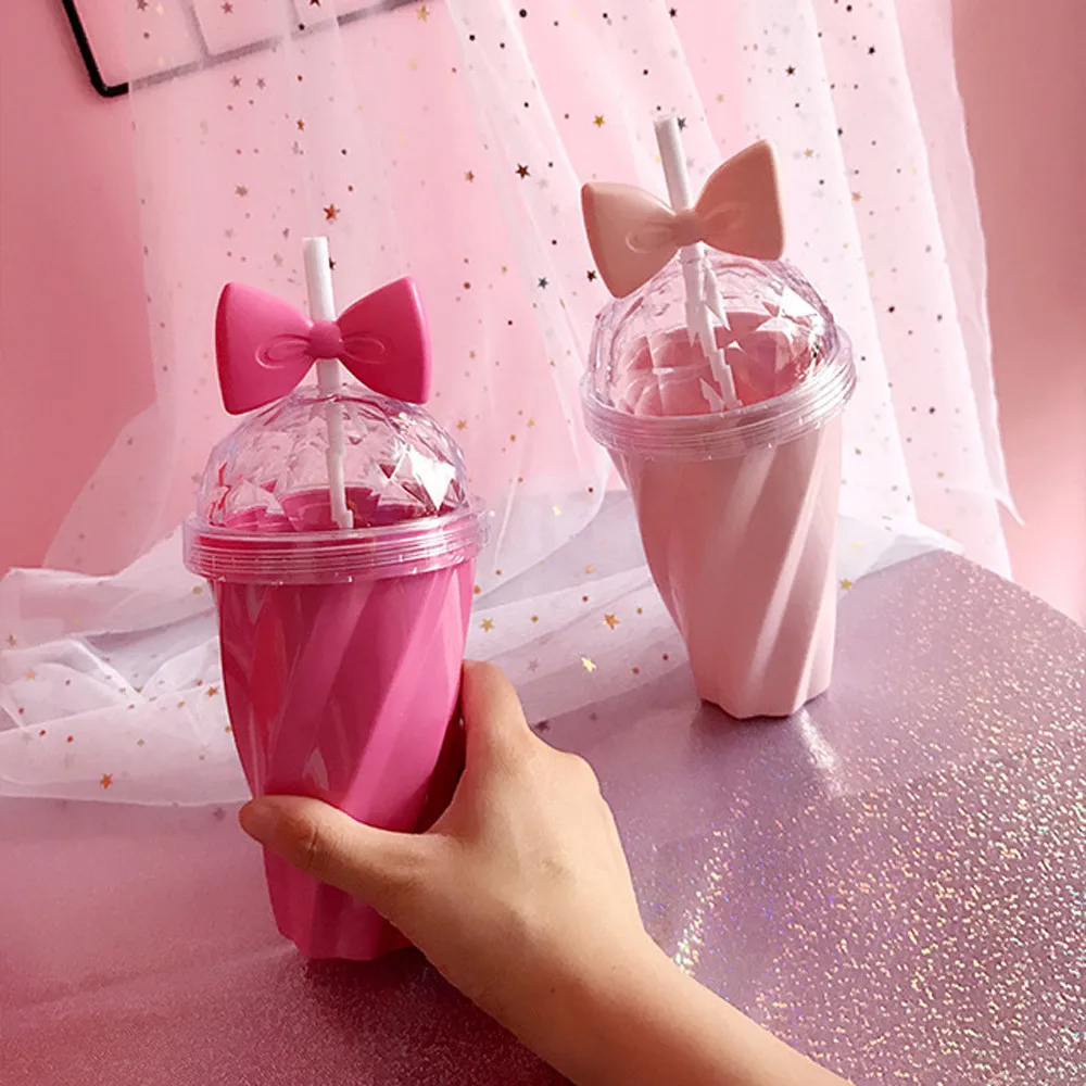 400ML cute straw cup cold drink cup plastic belt bow cover straw cup