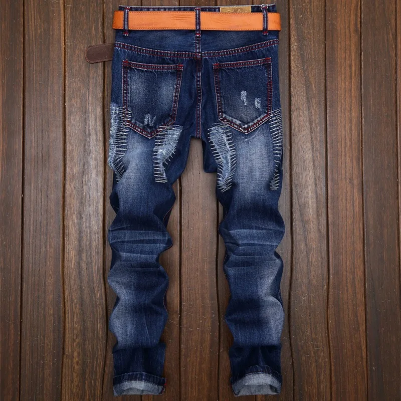 Высокое качество плюс размер 42 винтажные потертые прямые джинсы из денима брюки стрейч джинсовые мужские джинсовые брюки