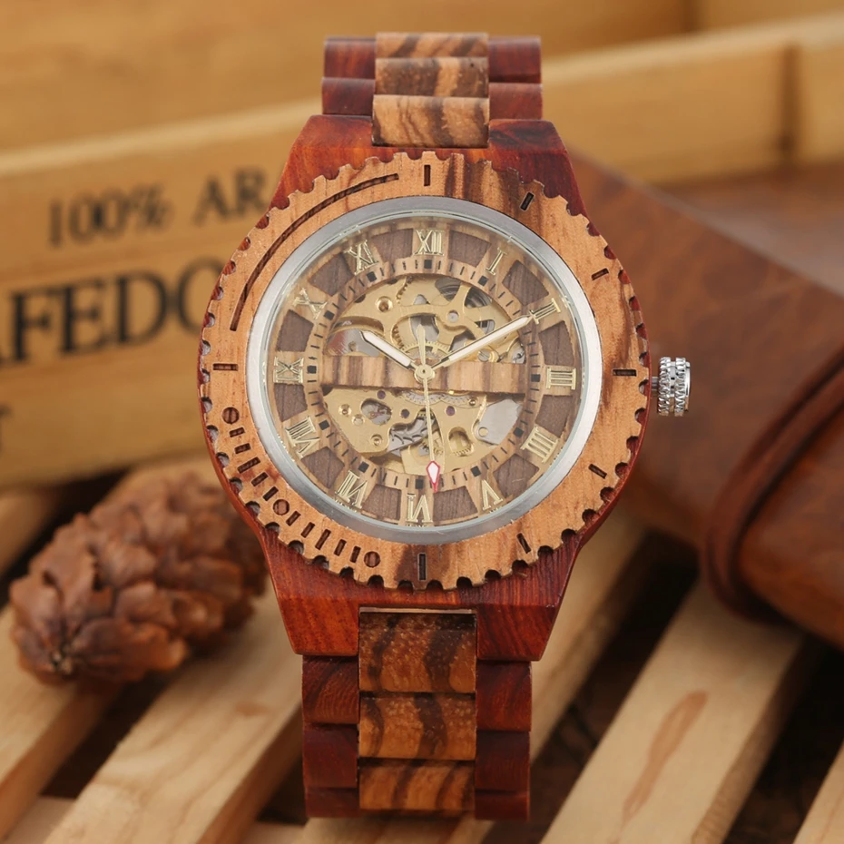 Retro Wood Watch Royal Gold Roman Literal Mechanical Watches Men's Top Luxury Wooden Bangle Watch montre homme automatique reloj