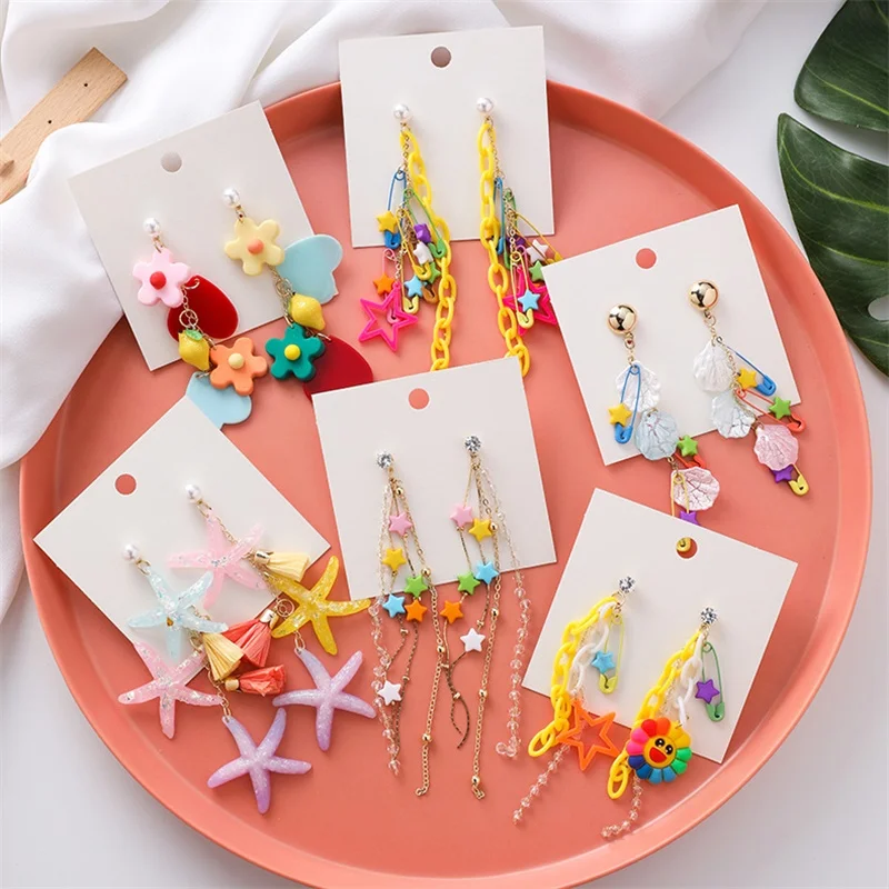 

Sweet colored resin Flowers Long Tassel Earrings Fashion exaggerated starfish five-pointed stars Metal chain women's earrings 15