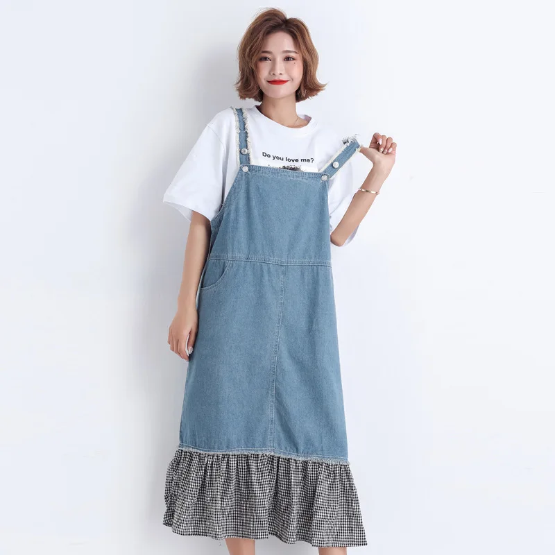 Johnature Sweet Korean Spaghetti Strap Solid Ruffles Women Spring Summer Denim Dress Loose mid-calf Mermaid Jean Dress