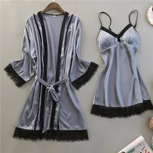 Сексуальное женское шелковое Ночное платье комплект кружевной халат и Мини Ночное платье Половина рукава одежда для сна для женщин комплект Lingeries