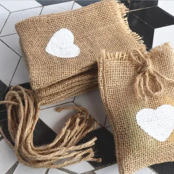 

White heart wedding candy bag burlap pouch/ burlap sack