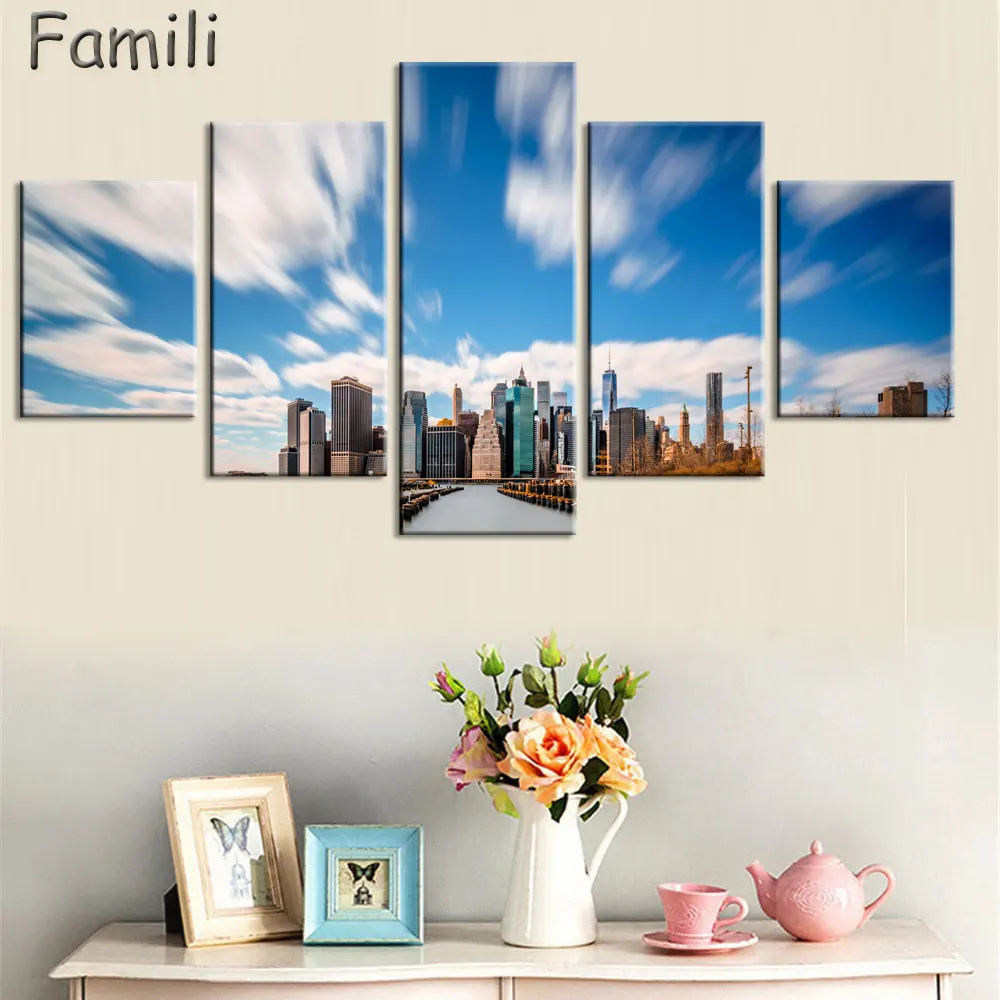 

Unframed Modern 5pcs Melamine Sponge Board Canvas Oil Painting New York City Night View Pictures Seascape Living Room Wall Art