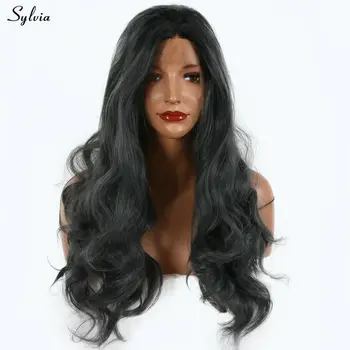 

Sylvia mixed gray wig long synthetic lace front wigs black roots to dark grey hair body wave women replacement heat resistant