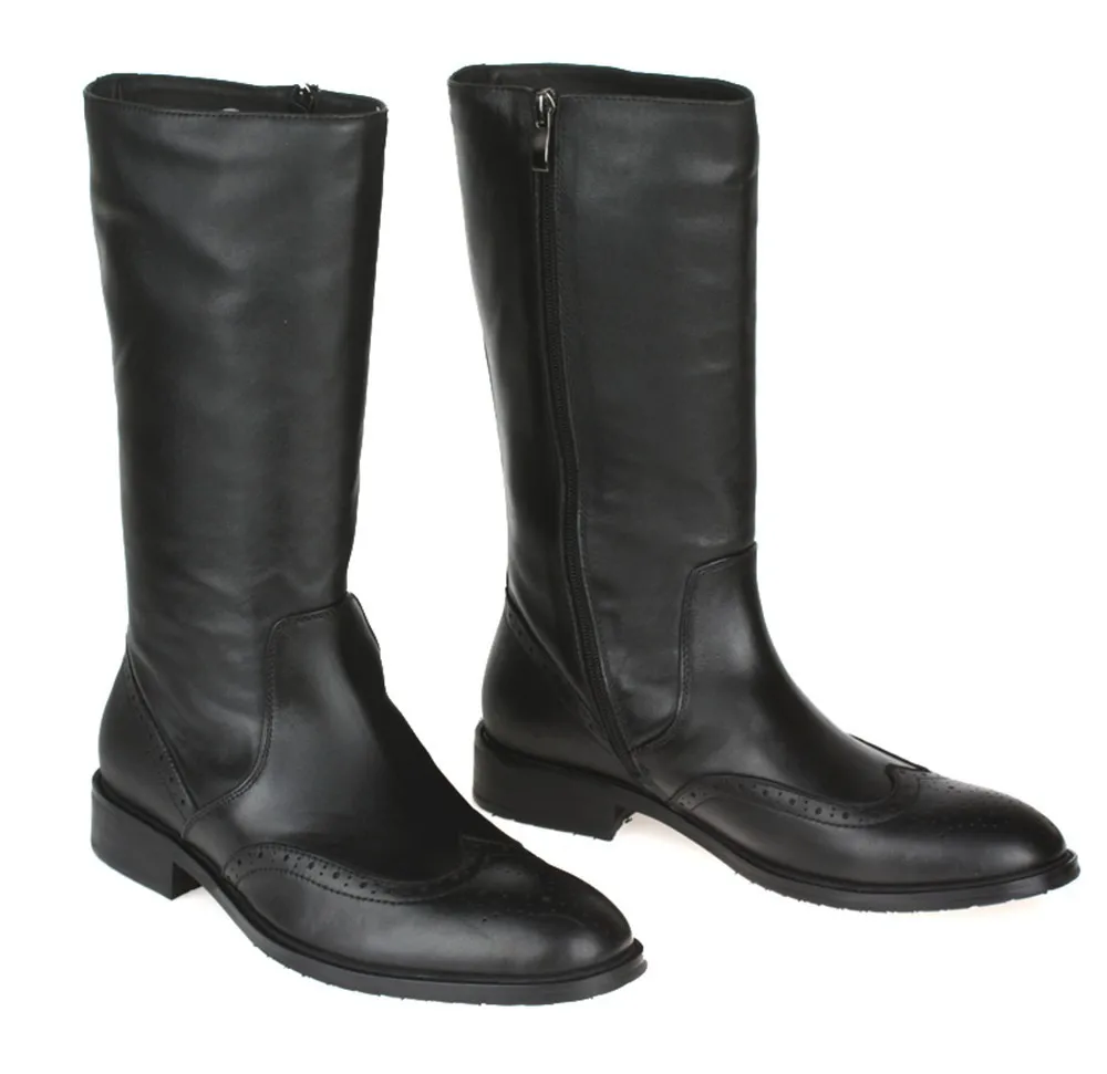 Качество колено высокие черные мужские ботинки натуральная кожа мотоциклетные ботинки модные повседневные мужские зимние ботинки Уличная обувь
