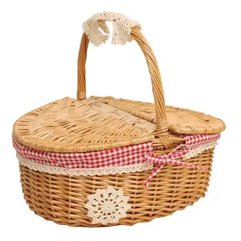 

Wicker Willow Picnic Basket Hamper Shopping Bag With Lid And Handle And White Liner For Outdoor Camping Picnic Carrying Food