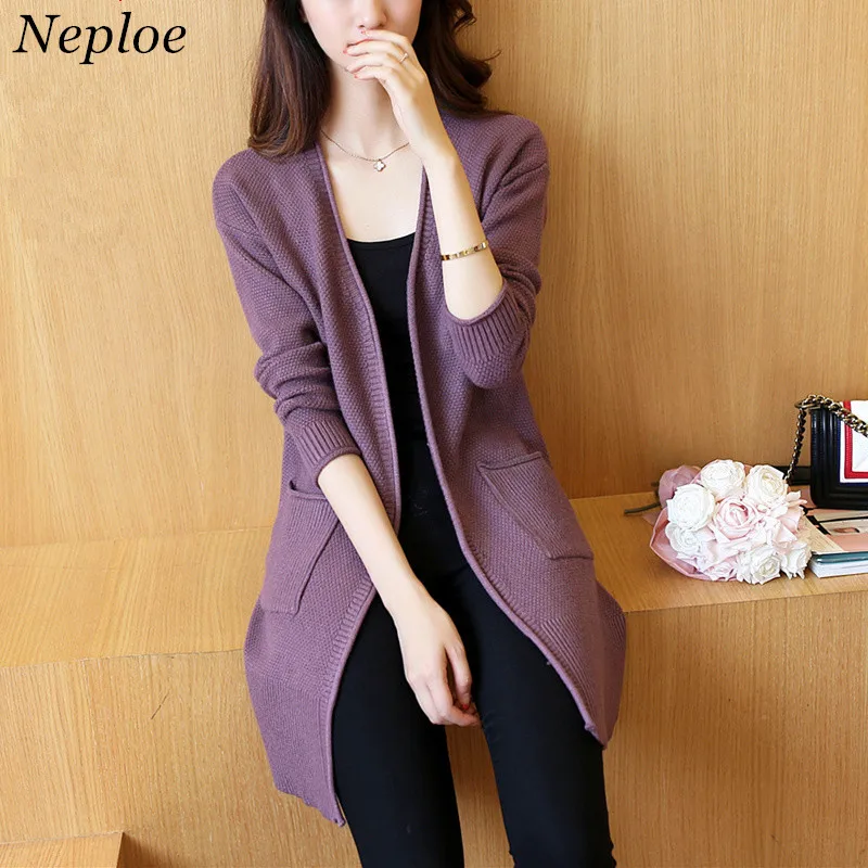 

Neploe Long Knit Cardigan 2019 Spring Autumn New Women Slim Solid Sweater Coat Long Sleeve Wild Lady Tops Tide 65472