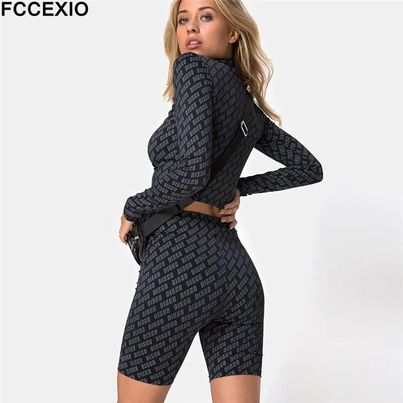 

FCCEXIO Women Sexy Sporting 2 PCS Set Full Sleeve Turtleneck Crop Top Elastic High Waist Shorts Letter Print Fitness Tracksuits