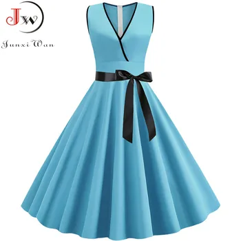 

Summer Women's Dress Solid Color Elegant Vintage Dress Casual V neck Sleeveless Plus Size Party Midi Sundress robe femme