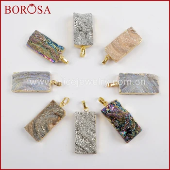 

BOROSA 10PCS Rectangle Rainbow Titanium Galaxy Druzy Quartz Pendants Natural Gems Quartz Jewelry for DIY Necklace G1612