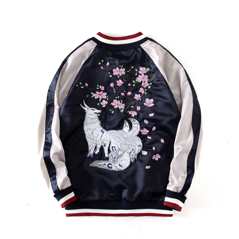 

Two Sides Luxury Nine Tailed Fox Embroidered Jackets Smooth Yokosuka Souvenir Spring Autumn Men Women Baseball Jacket Coats