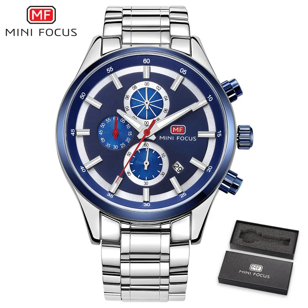 

MINIFOCUS Mens Watches Top Brand Luxury Quartz Clock Stainless Steel Strap Blue 3 Dials Calendar Multifunction Wrist Watch + BOX