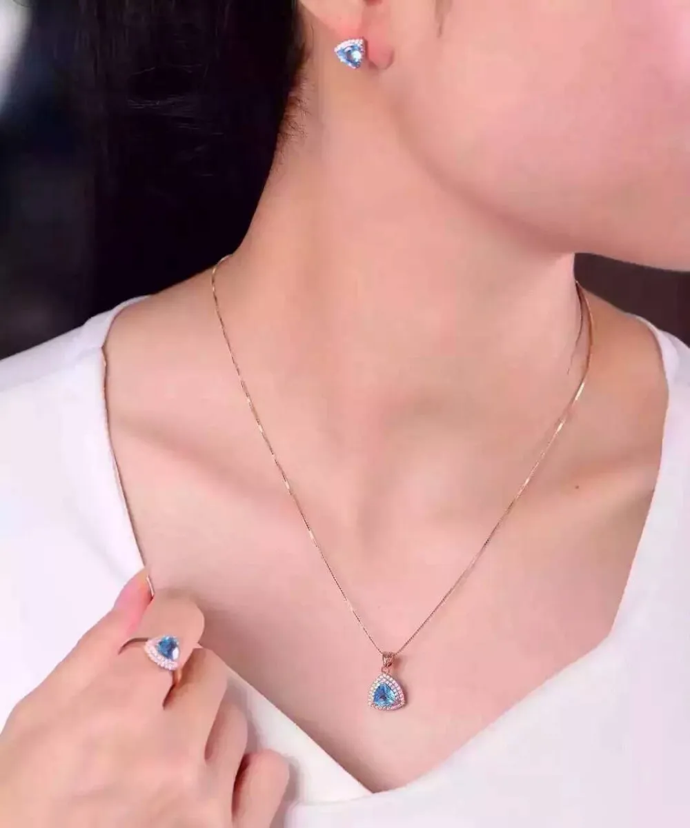 Природный Голубой топаз кулон S925 серебро Природный камень кулон Цепочки и ожерелья модный элегантный простой треугольник женщин партии