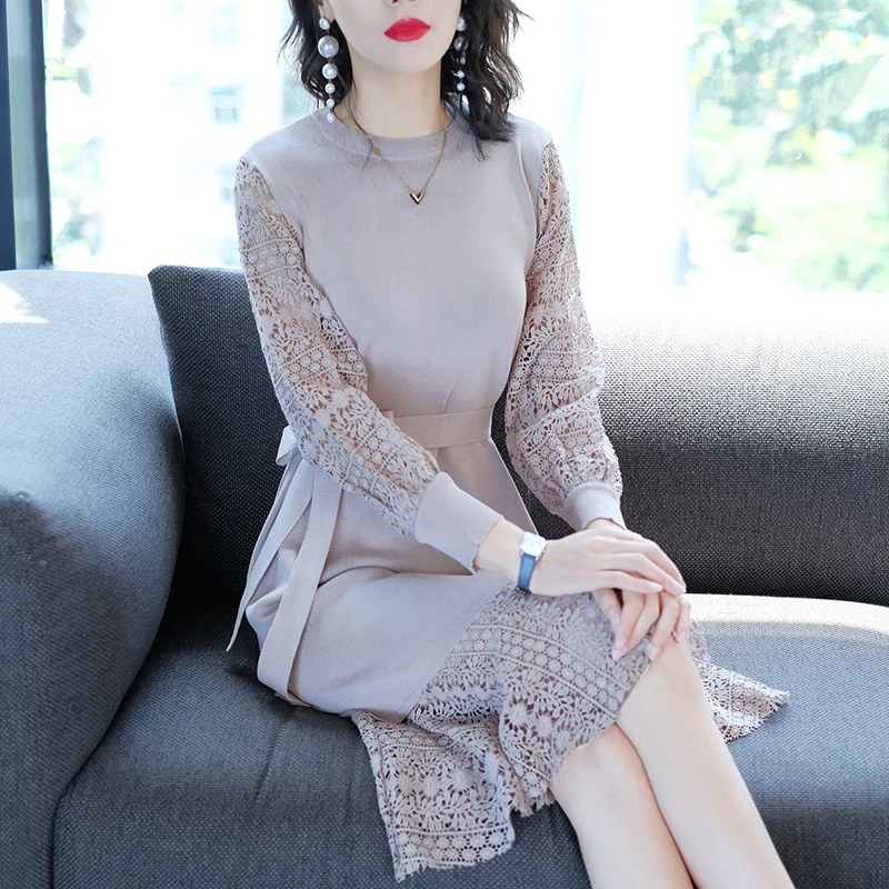 Lace Knitted Patchwork Sashes Midi Dress Temperament Generous Dress Elegant Fashion Wild Women Dress Trendy Ol Vestido De Festa
Lace Knitted Patchwork Sashes Midi Dress Temperament Generous Dress Elegant Fashion Wild Women Dress Trendy Ol Vestido De Festa