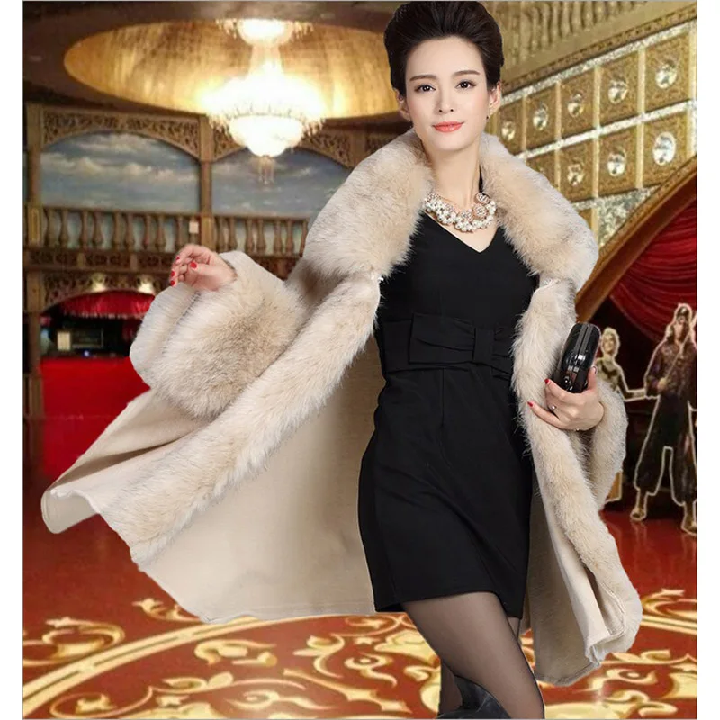 

Long Fashion Luxury Faux Fur Overcoat Shawl Cape Knitwear Good Fox Fur Lapel Coat Poncho Noble Women Party Dress Cloak Winter