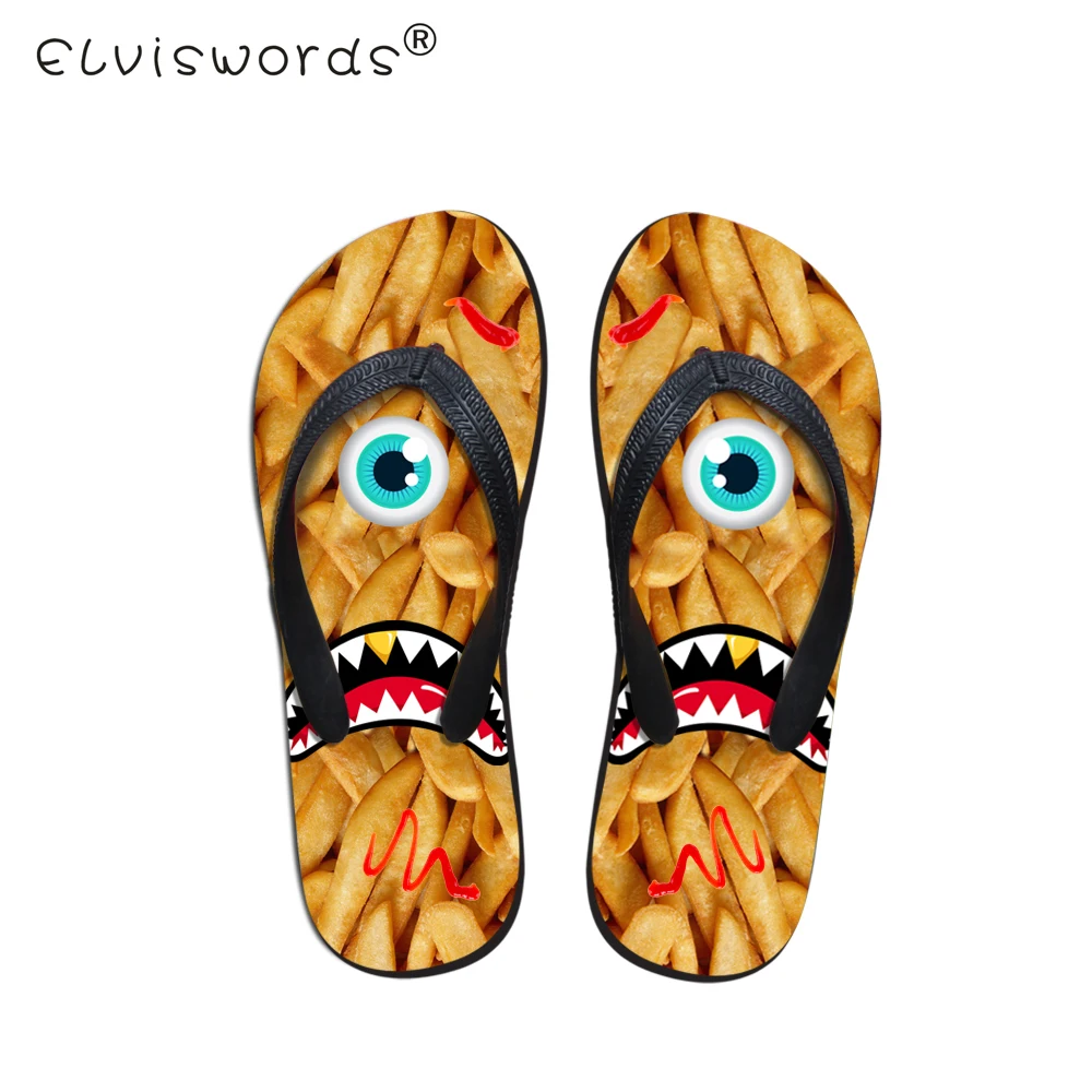 

ELVISWORDS Men's Flip Flops Teenagers 3D Big Eyes Prints Slippers French Fries Pattern for Males Funny Outdoor Slipper Pantufas