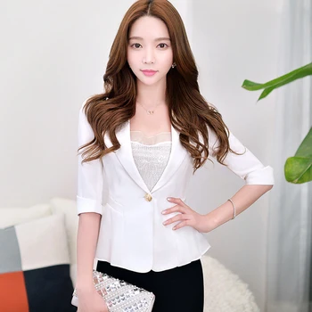 

Women Blazer Black Jackets Single Button White Business Slim Coat And Jacket Thin Women Blazer Blue Notched Collar Suit GQ1461