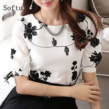 Softu Fashion Women Shirt Blouse Summer Tops Chiffon Casual Shirt O Neck Half Sleeve Floral Printing Female Blusas Clothing