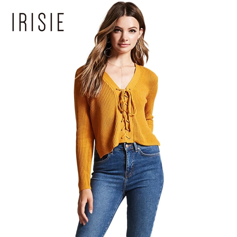 IRISIE New Fashion Long Sleeve Solid Women Sweater V neck