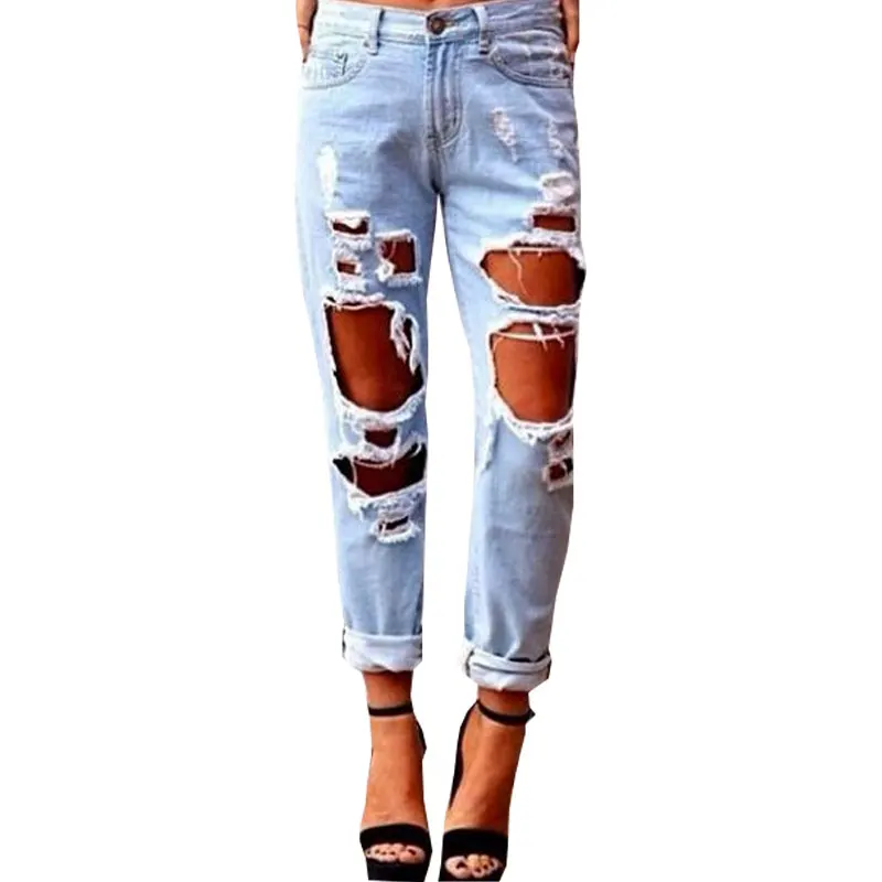

New Fashion Hole Ripped Jeans Woman Skinny Denim Jeans Femme Slim Ripped Pencil Pants Washed Boyfriend Jeans For Women Trousers