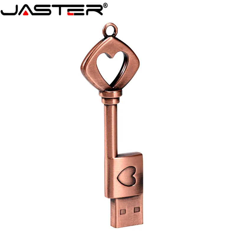 JASTER USB 2,0, медный ключ в форме сердца, usb флеш-накопитель, 4 ГБ, 64 ГБ, 16 ГБ, 32 ГБ, металлические ключи, карта памяти, свадебный подарок