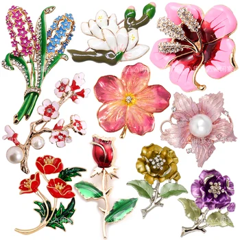 

1pc New retro Diy Brooch Vintage Enamel plant flower hyacinth Red rose Camellia Plum blossom Lapel Pins Badge for women New Year