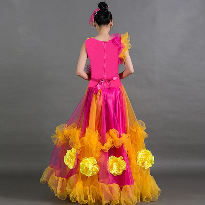 Розовое красное платье без рукавов с испанскими цветами для фламенко для женщин, испанская Одежда для танцев, женский костюм тореадор, цыганская танцевальная одежда DN3594