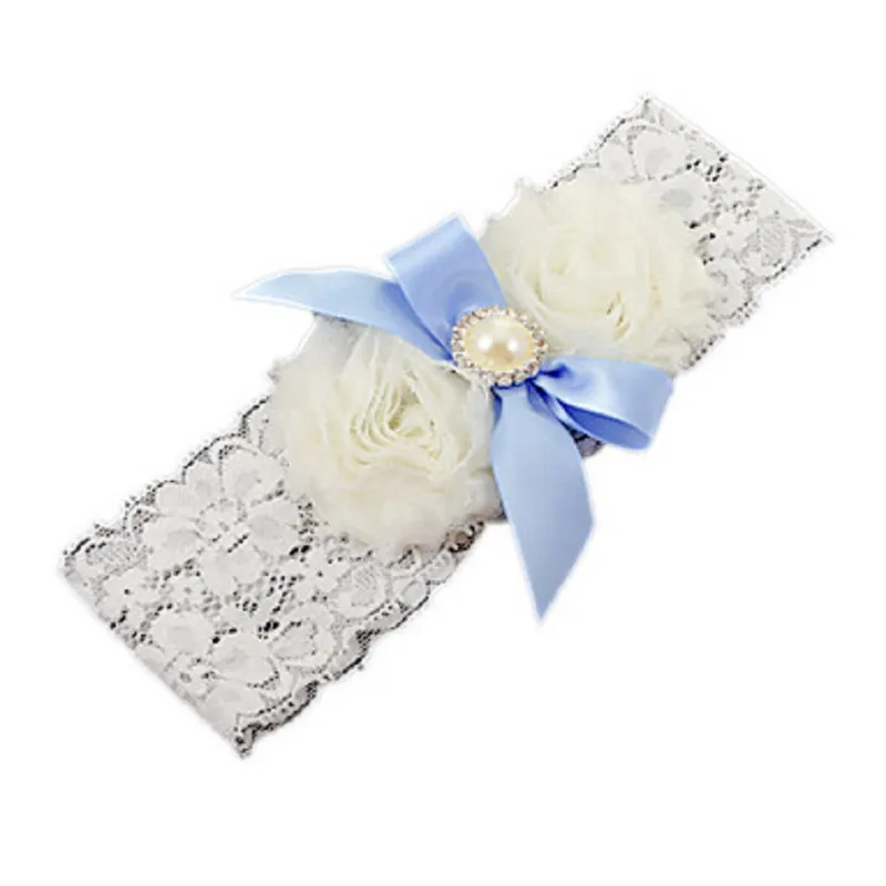 1pcs Wedding Bridal Accessory Hollow out Lace Garter Band Blue Bow with Pearl Rhinestonesbow