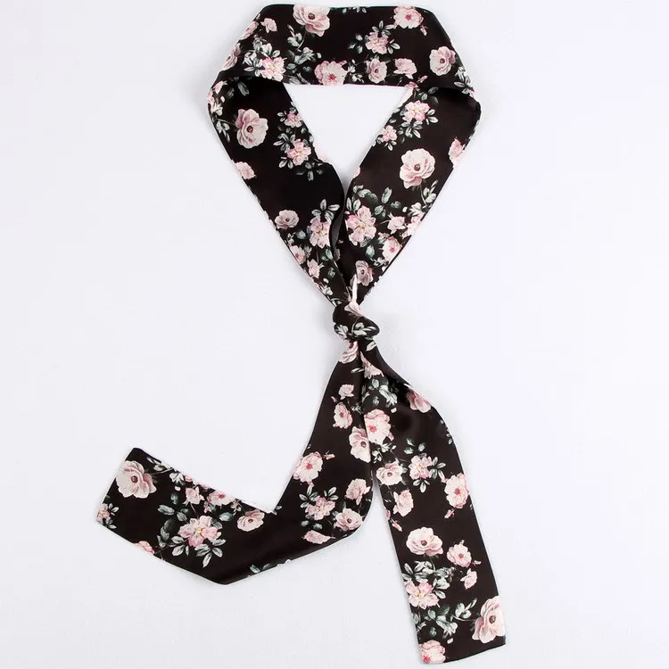 

Kam Spend Floral Print Lady Neck Wear Scarve Bags Decoration Silk Riband Skinny Scarf Narrow Ribbon Hair Band Choker ZSBD166