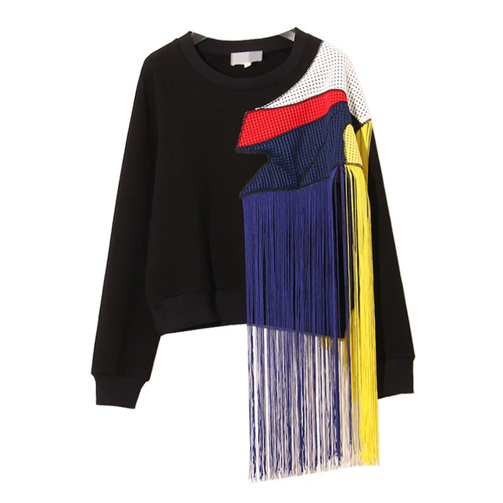 

Trendy Contrast Color Spliced Mesh Rainbow Tassels Sweatshirt Women O-Neck Pullover Patchwork Casual Jumper Sweats Tops Velvet