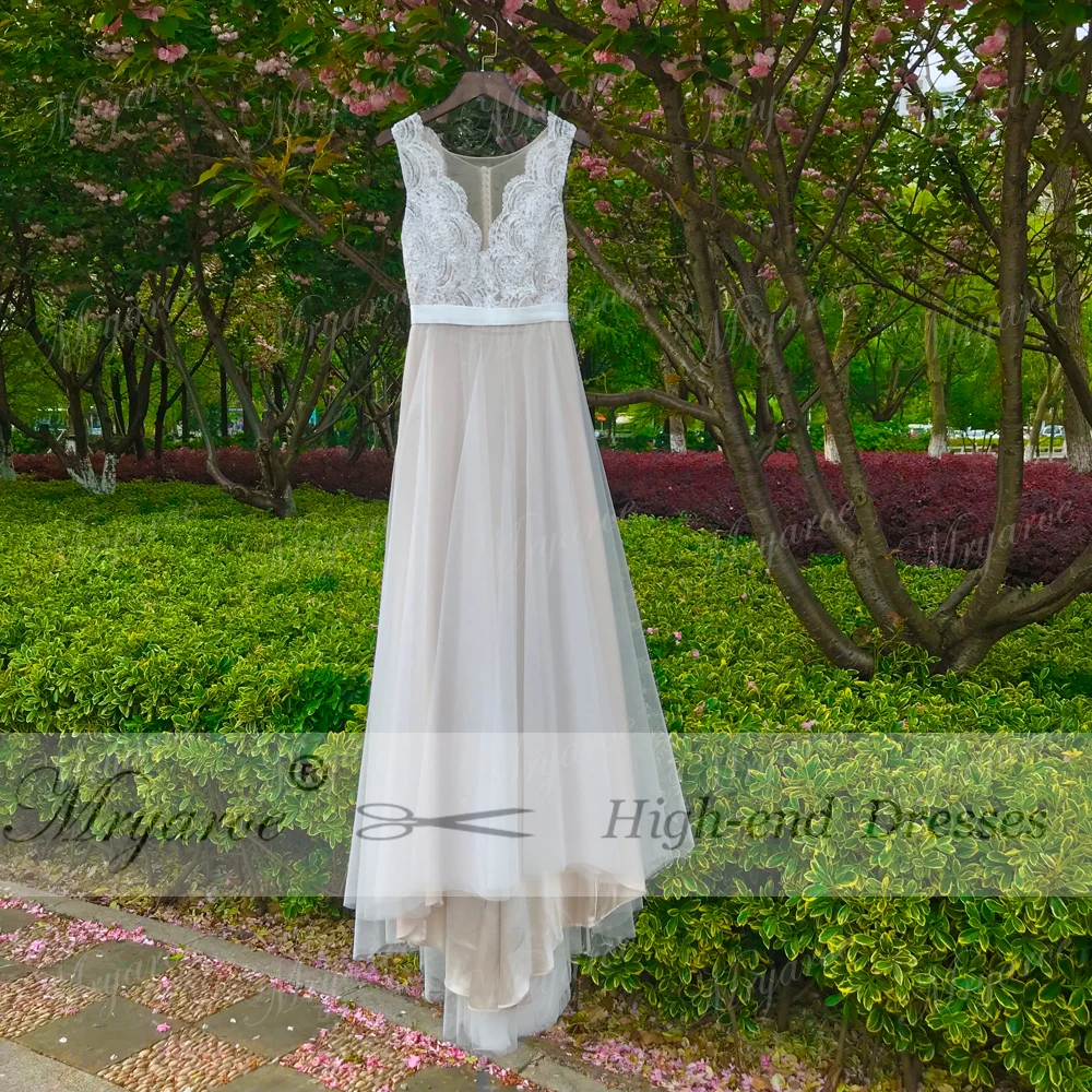Mryarce 2018 Beach Wedding Dress Illusion Neck Lace Appiques Flowing Tulle Boho Summer Bridal Gowns  (7)