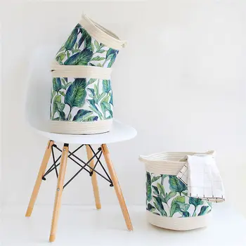 

Cotton EVA Rope Storage Basket Tropical Flower Leaf Woven Finishing Baskets Foldable Sundries Toy Clothes Socks Organizer Bucket