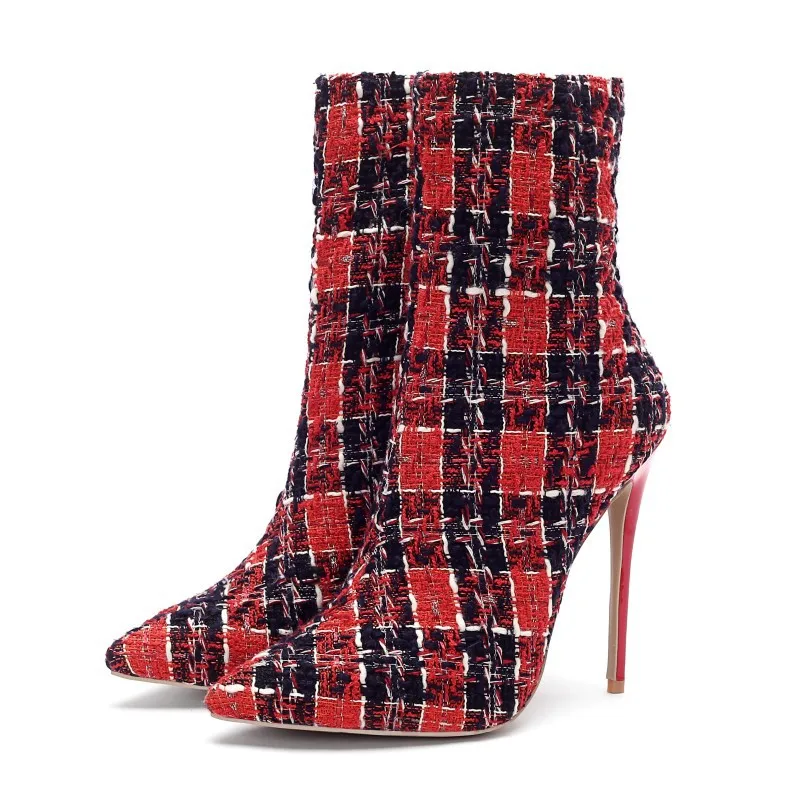 

12cm High heels 2018 autumn and winter new pointed stiletto Zipper Short Plush Ankle boots Women's booties
