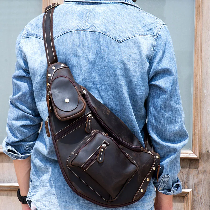 

Men's vintage genuine leather chest bag Big crazy horse leather crossbody bag Cowhide messenger iPad shoulder daypack travel bag