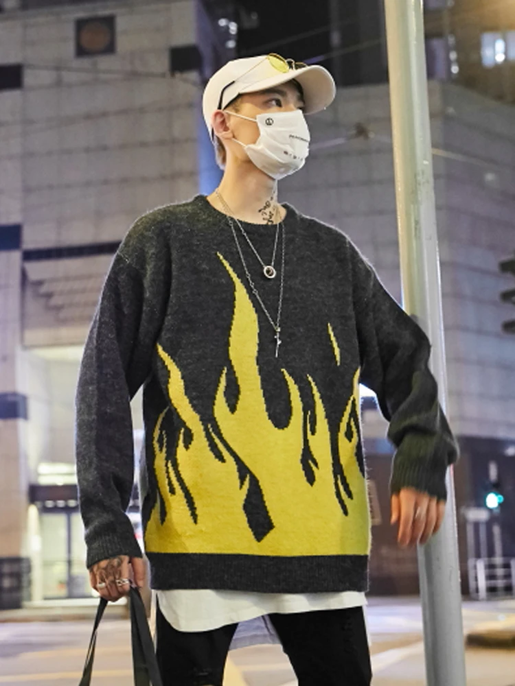 Dark Icon Flame Crew Neck Knitwear Jacquard Men's Sweater Hip Hop Sweater Pullover Hipster Sweater Man