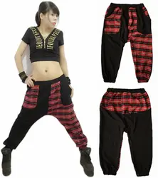 Новая мода шаровары; штаны для хип-хопа Треники Джаз сценическое костюмы женский плед лоскутное Мотобрюки