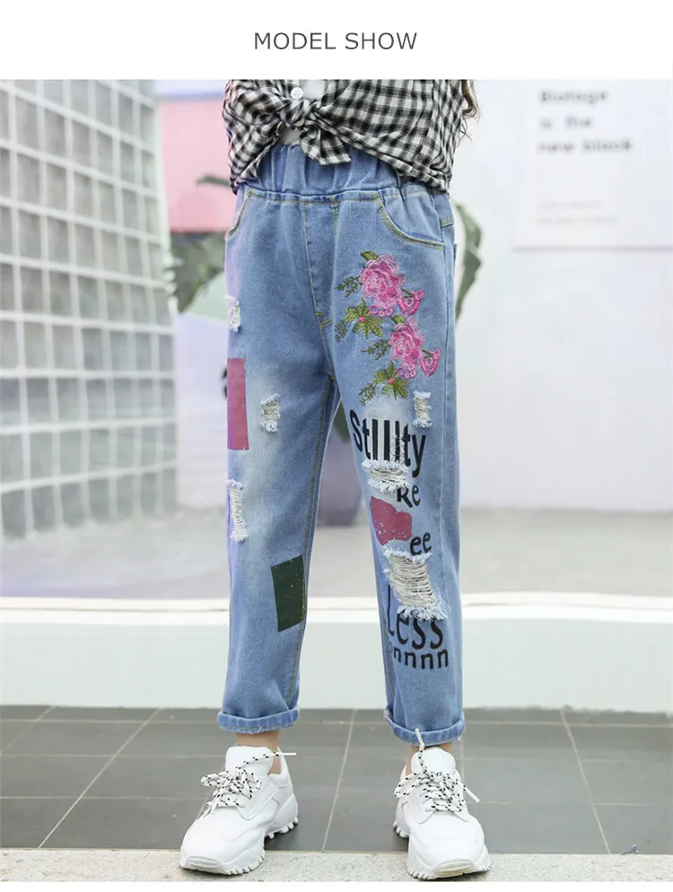 3-12 y kids girls jeans child fashion ripped jeans for girls 12 years teenage girl clothes denim pants flower embroidery trouser (1)