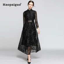 S-2XL 3XL Big Swing Black Red Winter Dress Women Stand Long Sleeve Midi Lace Wrap Dress for Women Vintage Dress Vestido Largo black swing long sleeve dress