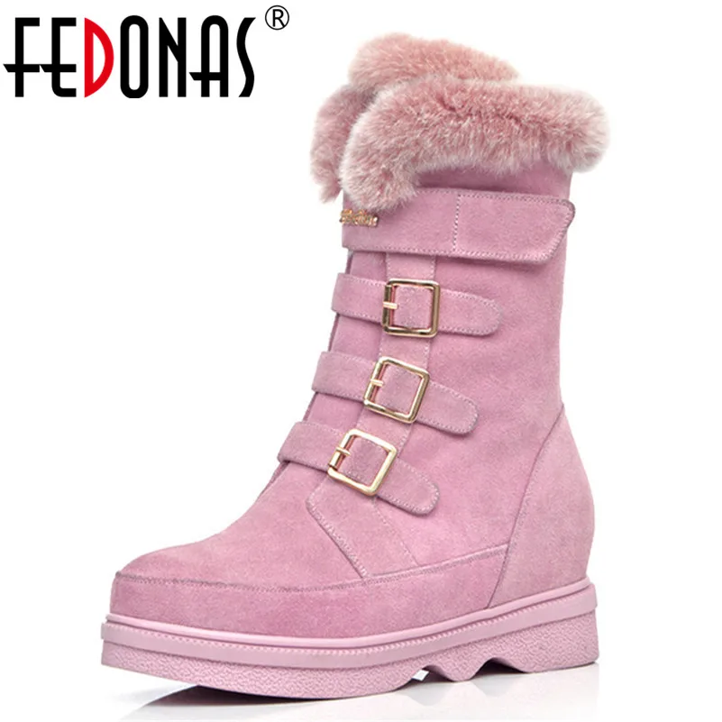 FEDONAS New Arrival Women Mid-calf Boots Wedges High Heels Warm Fur Snow Boots Winter Shoes Woman Buckles Elegant High Boots lukuco pure color women mid calf snow boots with faux fur design high quality pu made med wedges heel shoes