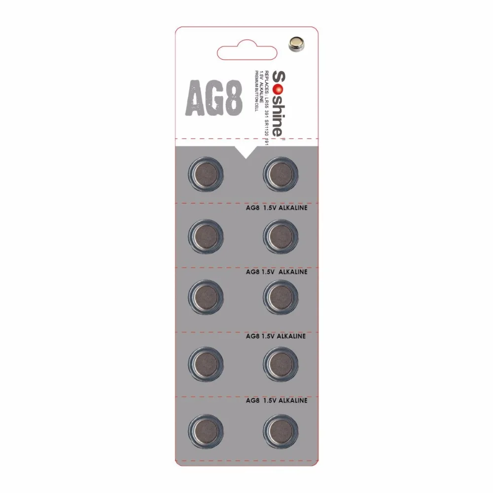 Soshine 10pcs AG8 LR1120 391 381 1.5V Alkaline Button Cell for Watch / Toy Calculator | Электроника