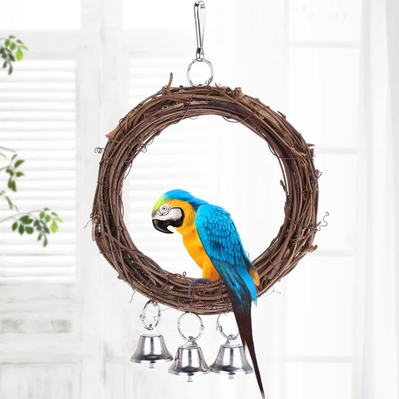 

Birds Chew Toy Parrot Station Parrot Hanging Swing Rings Balls With Bells Chew Toy For Birds Standing Non-toxic Pet Toy Supplies