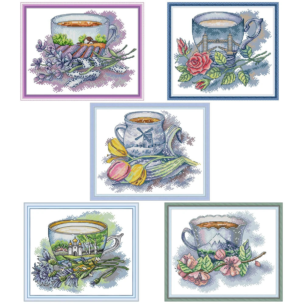 

NKF Countries Teacup Handmade Craft Needlework Cross Stitch Set Embroidery Kit Printed Design Cross Stitching Home Decor