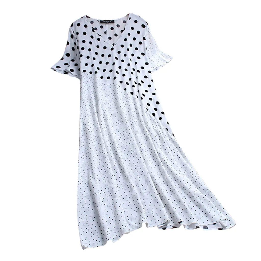 

Women Casual Linen Dot Patchwork V-Neck Short Sleeve Knee-Length Ropa Mujer Vestidos De Verano Summer Dresses Sundress Elbise