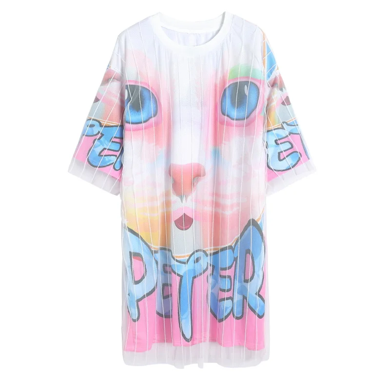 2018 Summer New Loose Long Tops Cartoon Printing Mesh Splice Dress Ladies Fashion Casual Short Sleeve O Neck Dresses Female | Женская
