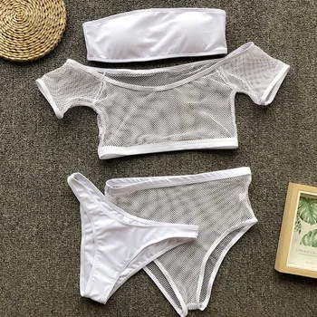 

Off Shoulder Mesh Swimsuit High Waist Bikini 2019 Women Brazilian Swimwear Female 4 Pieces Bikini set Bather Bathing Suit Swim