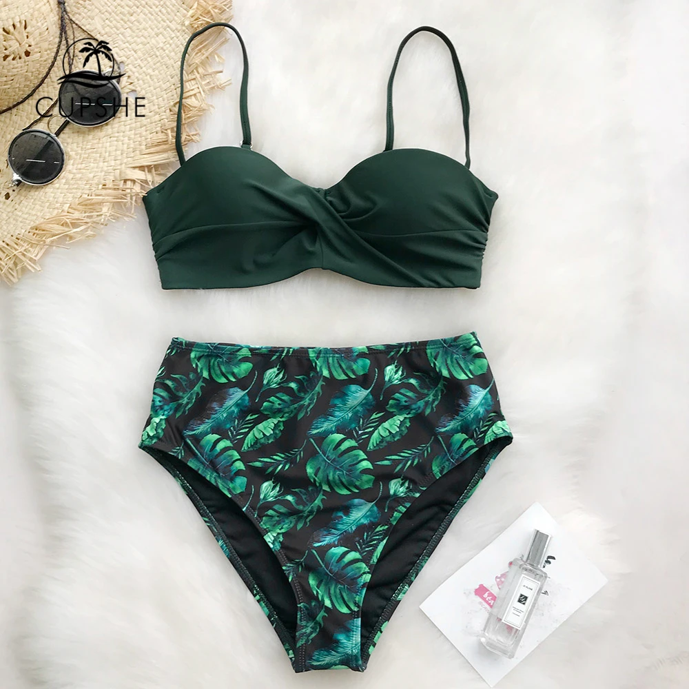 CUPSHE Green Print Bikini Set Women Heart Neck Push Up High-waisted Two Pieces Swimwear 2019 Beach Bathing Suits Swimsuits CUPSHE Green Print Bikini Set Women Heart Neck Push Up High-waisted Two Pieces Swimwear 2019 Beach Bathing Suits Swimsuits